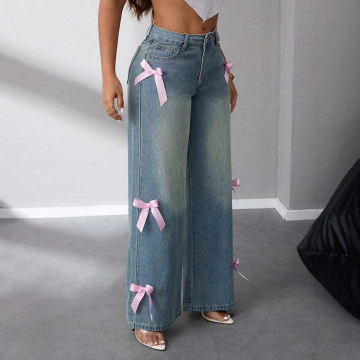 Damen weite High-Waist Jeans mit dekorativen Schleifenapplikationen Drune