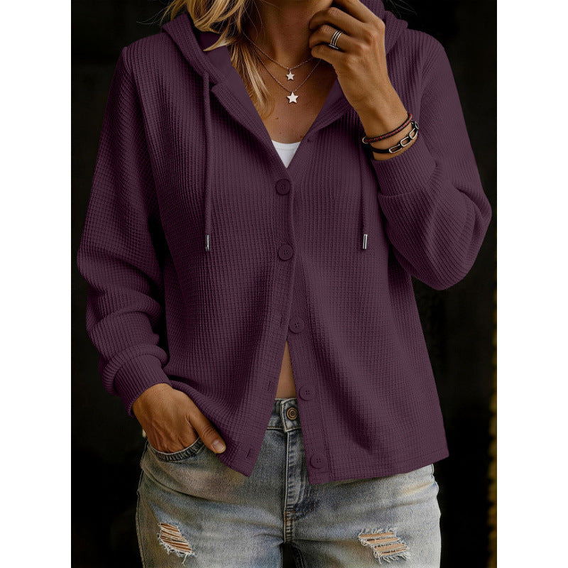 Damen Kapuzenstrickjacke im Waffelstrick mit Knopfleiste Drune