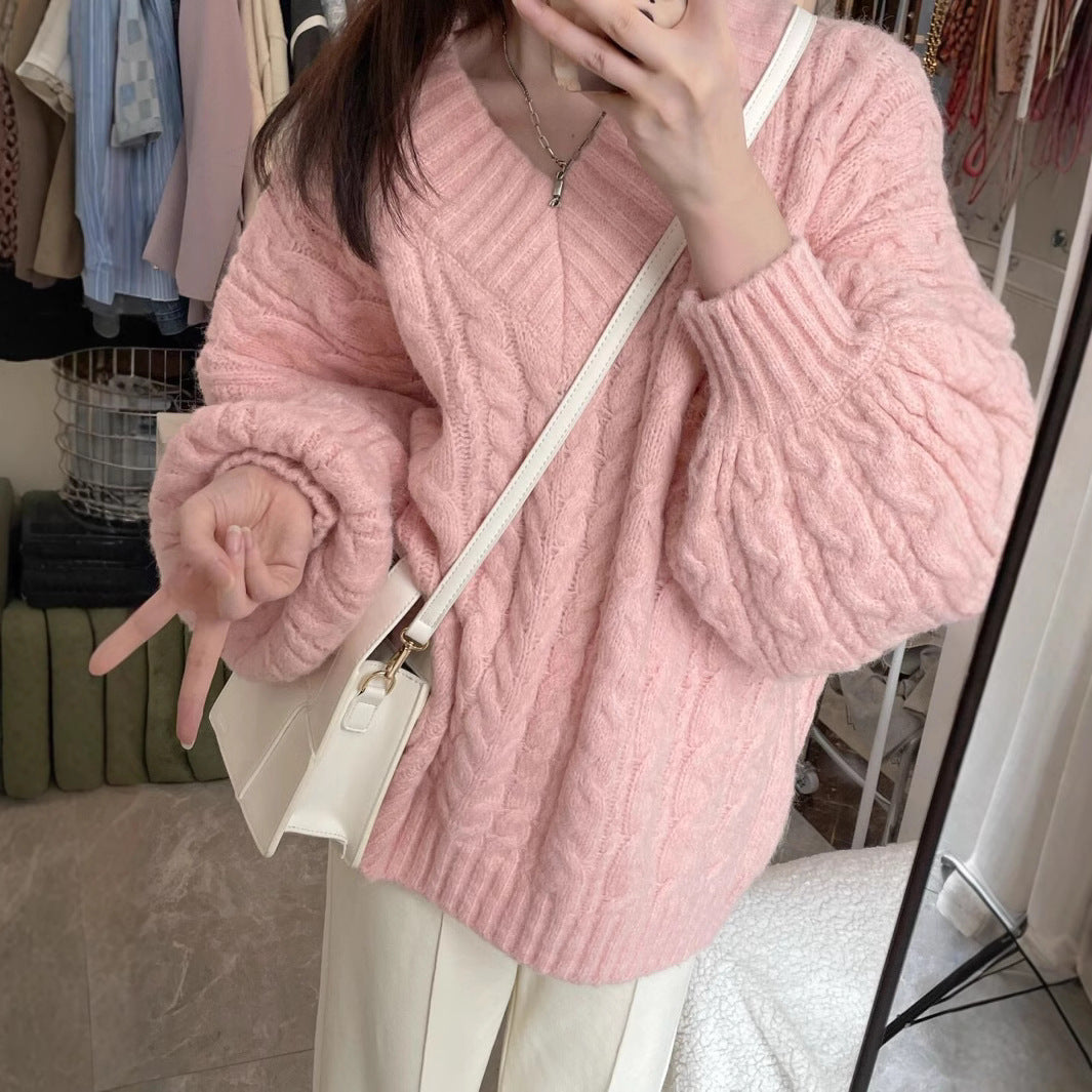Damen Grobstrickpullover mit voluminösen Ärmeln und V-Ausschnitt Drune