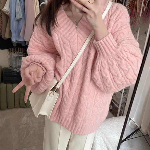 Damen Grobstrickpullover mit voluminösen Ärmeln und V-Ausschnitt Drune