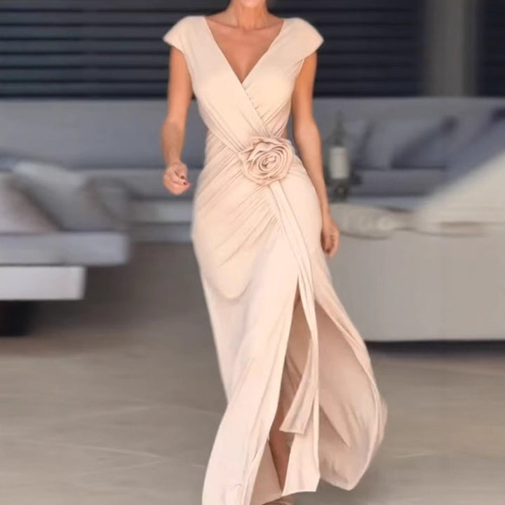 Damen Elegantes Wickelkleid mit floralem Detail und Schlitz Drune