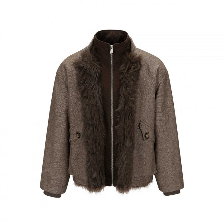 Damen Kurze Boxy-Jacke mit Teddyfutter, Stehkragen und Pattentaschen Drune