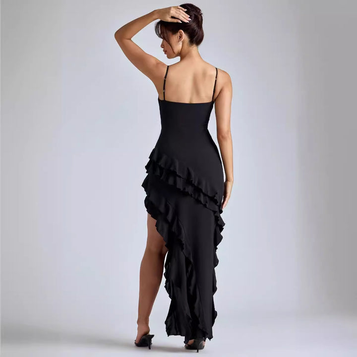 Damen Elegantes Maxikleid mit voluminösen Rüschendetails und sexy Schlitz Drune
