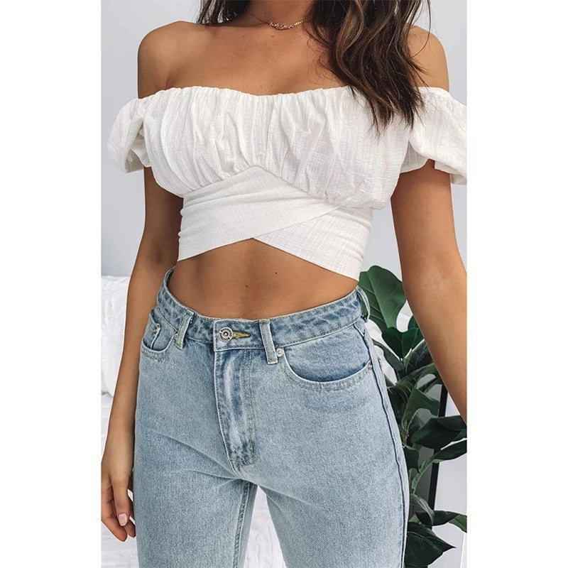 Damen Off-Shoulder Crop-Top mit Rüschendetails und elegantem Wickeldesign Drune