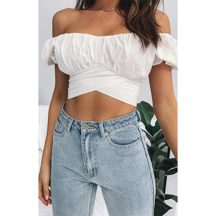 Damen Off-Shoulder Crop-Top mit Rüschendetails und elegantem Wickeldesign Drune