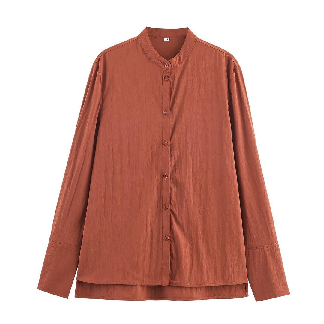 Damen Oversize Hemdbluse mit Mandarinkragen und durchgehender Knopfleiste Drune