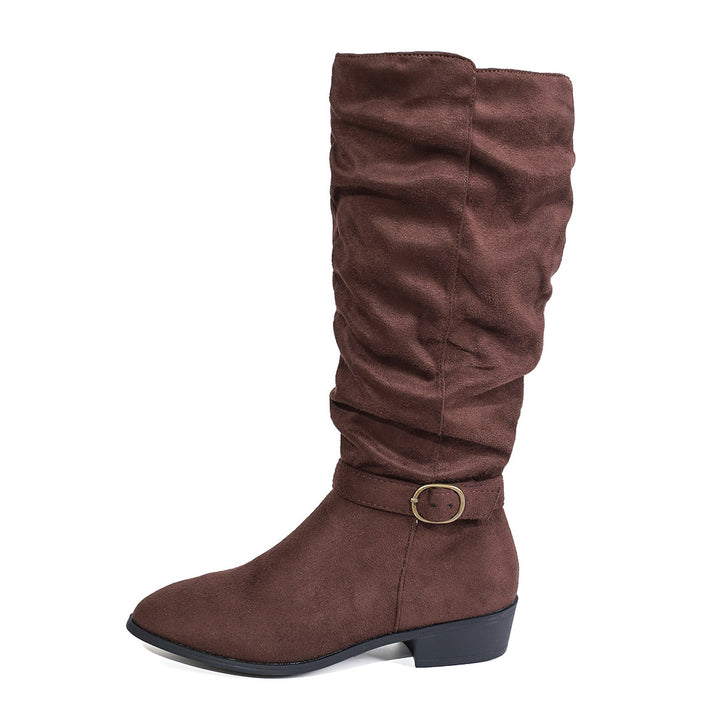 Damen kniehoher Slouch-Stiefel aus weichem Microvelours mit Ziergurt und niedrigem Blockabsatz Drune