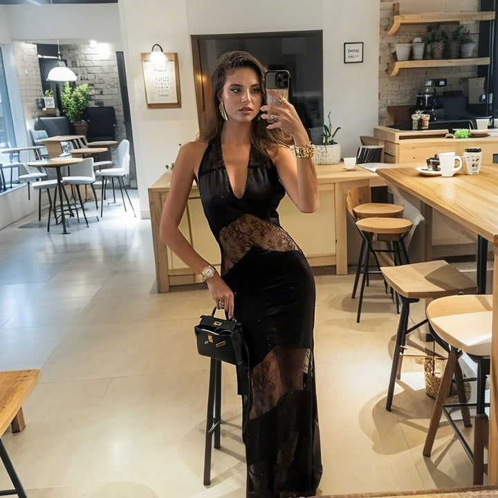 Damen verführerisches Chiffon Spitzenkleid mit tiefem V-Ausschnitt und transparenten Details Drune