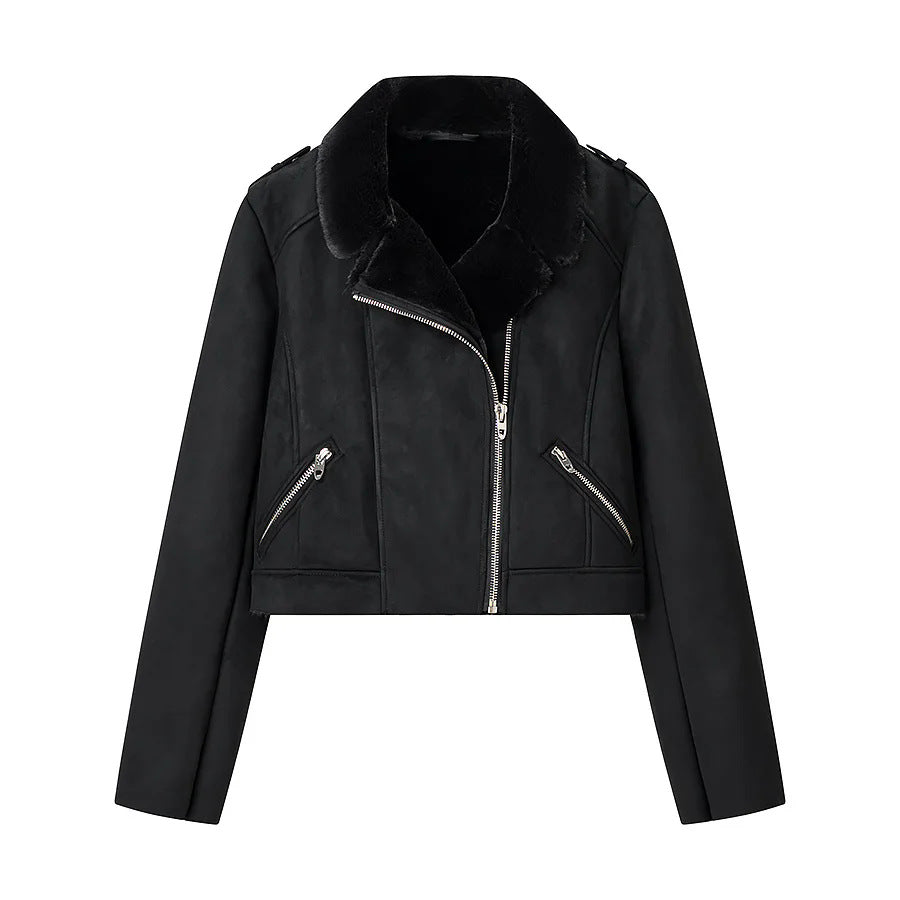 Damen nan kurze Bikerjacke aus Veloursimitat mit Teddyfutter und asymmetrischer Metall-Reißverschluss Drune