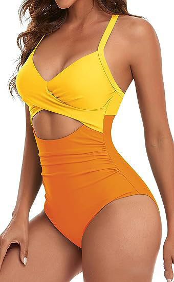 Drune | Damen Einteiler Badeanzüge Push Up Bauchkontrolle Badeanzüge V-Ausschnitt Cutout Anständige Bademode