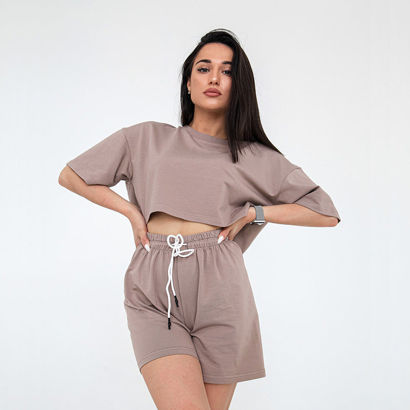 Damen Zweiteiliges Cropped-Lounge-Set aus Baumwolljersey mit elastischer Kordelzug-Shorts Drune