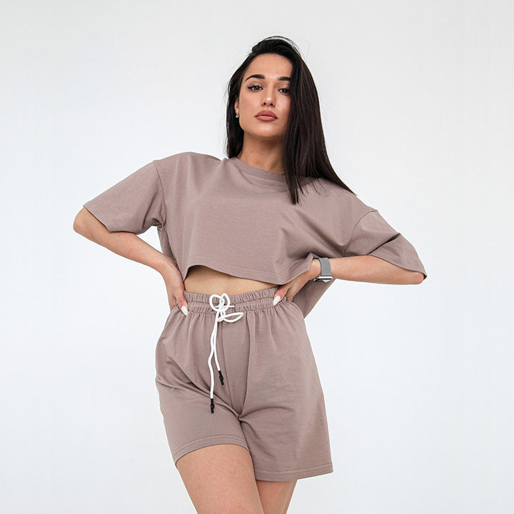Damen Zweiteiliges Cropped-Lounge-Set aus Baumwolljersey mit elastischer Kordelzug-Shorts Drune