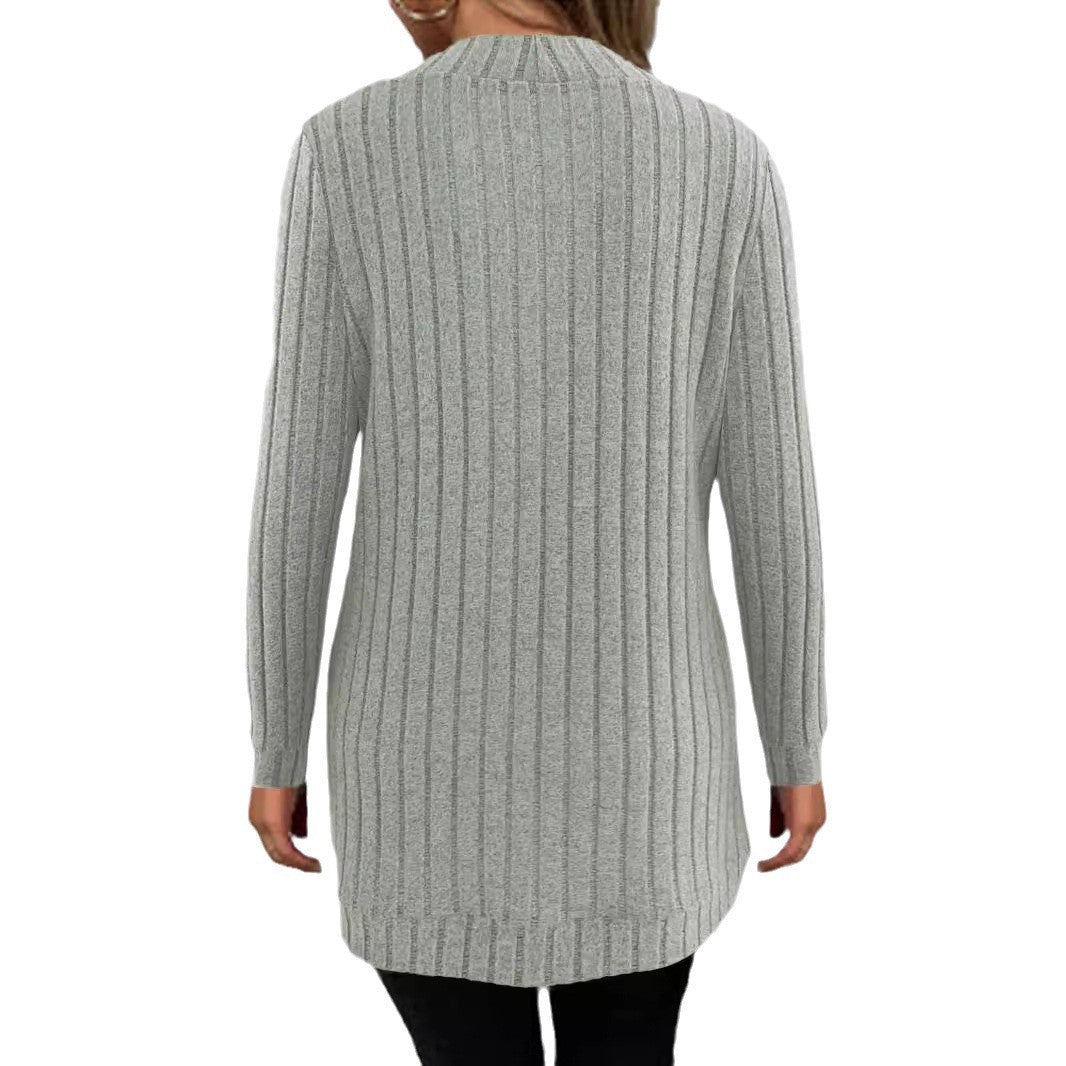 Damen Langer Offener Rippstrick-Cardigan mit abgerundetem Saum Drune