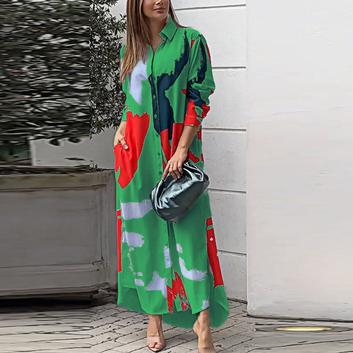 Damen Langes Hemdblusenkleid mit abstraktem Pinselprint und seitlichen Eingrifftaschen Drune