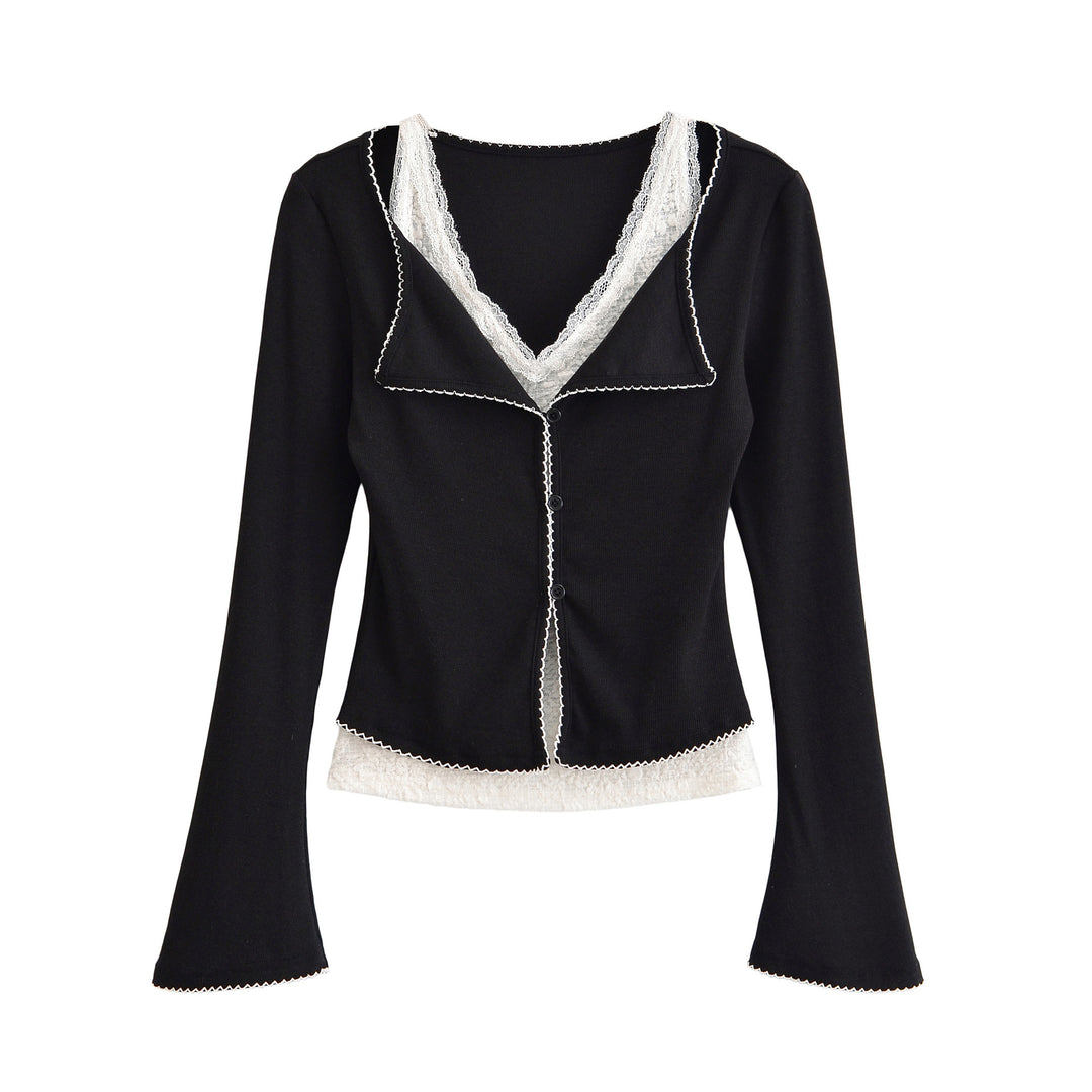 Damen Taillierter Buttoncardigan mit Spitzenbesatz und ausgestellten Ärmeln Drune