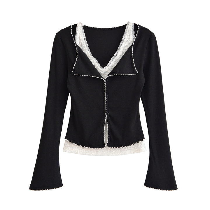 Damen Taillierter Buttoncardigan mit Spitzenbesatz und ausgestellten Ärmeln Drune