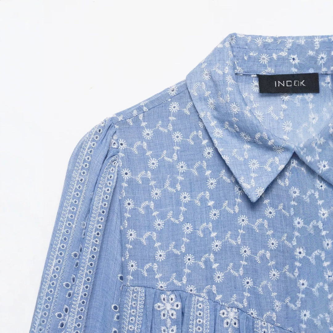 Damen Locker geschnittene Stickerei-Hemdbluse mit Broderie-Details, Knopfleiste und voluminösen Ballonärmeln Drune
