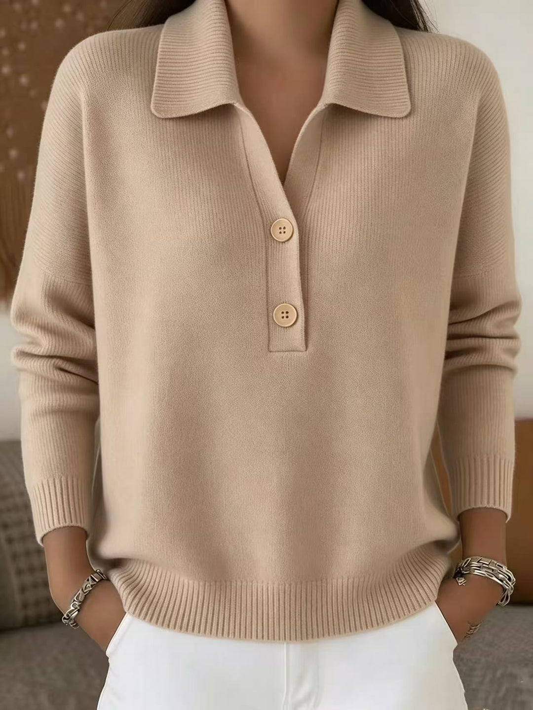 Damen lässiger Feinstrickpullover mit Polokragen und Zwei-Knopf-Leiste Drune