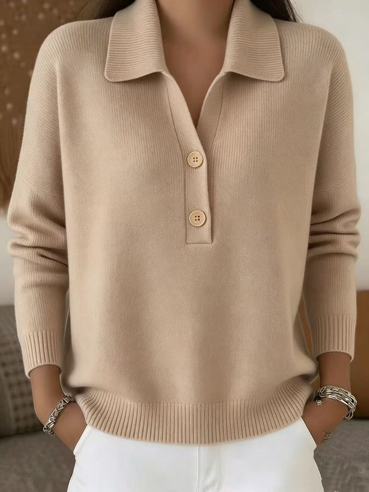 Damen lässiger Feinstrickpullover mit Polokragen und Zwei-Knopf-Leiste Drune