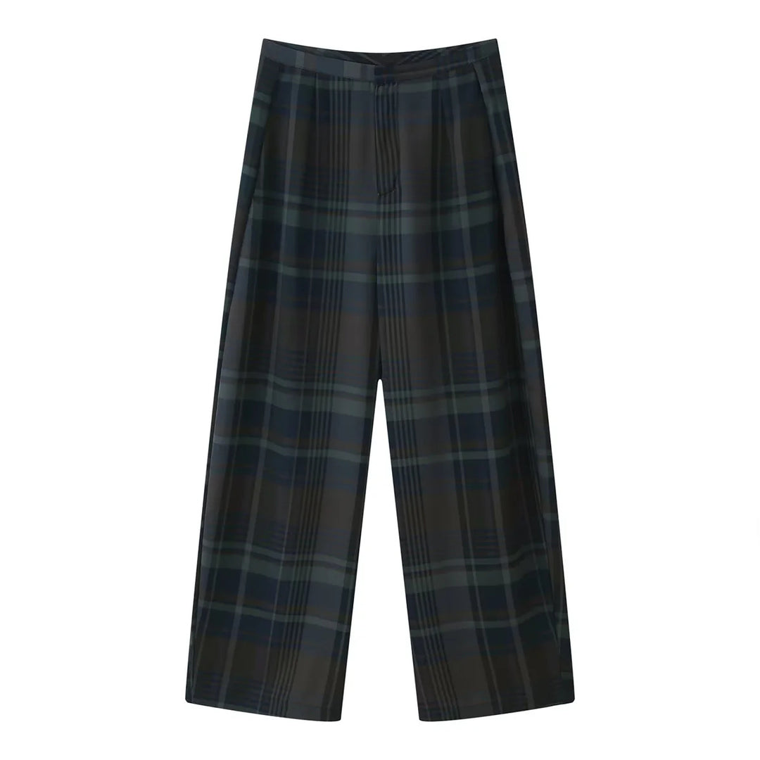 Damen nan weite Karohose mit hoher Taille, fließender Wide‑Leg‑Silhouette und verdecktem Elastikbund Drune