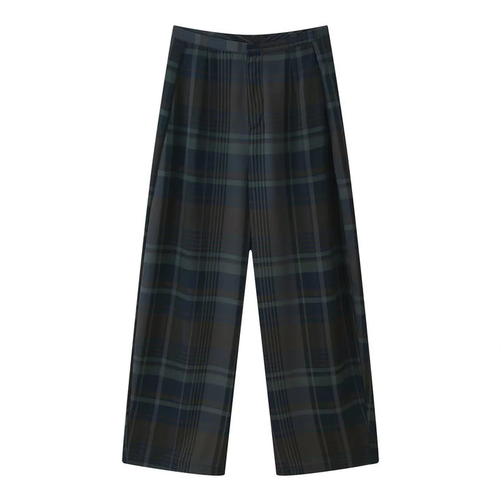 Damen nan weite Karohose mit hoher Taille, fließender Wide‑Leg‑Silhouette und verdecktem Elastikbund Drune