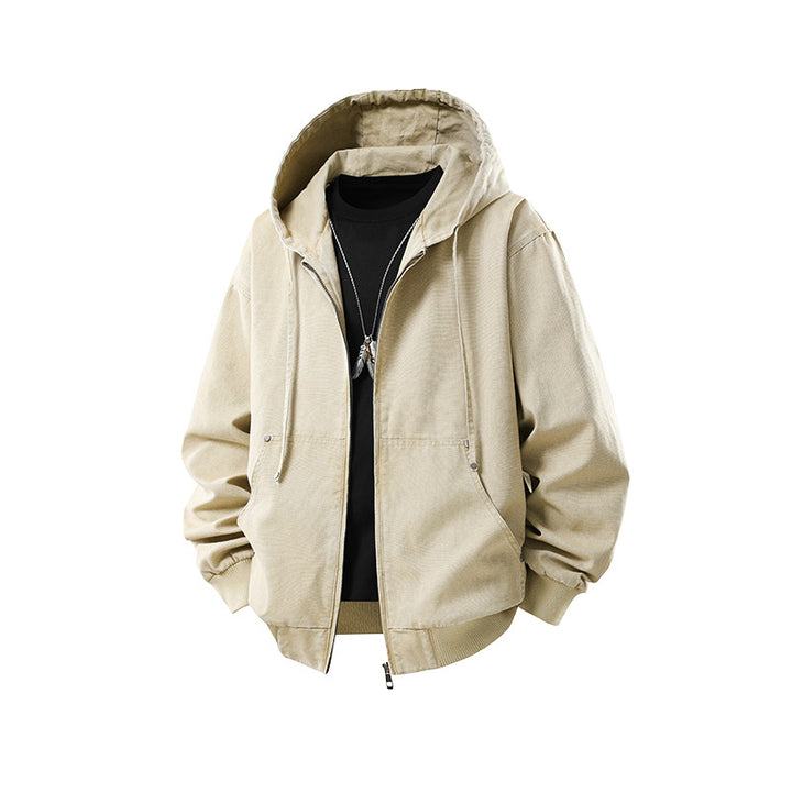Herren Oversize Kapuzenjacke aus gewaschenem Canvas mit Reißverschluss und Utility-Taschen Drune