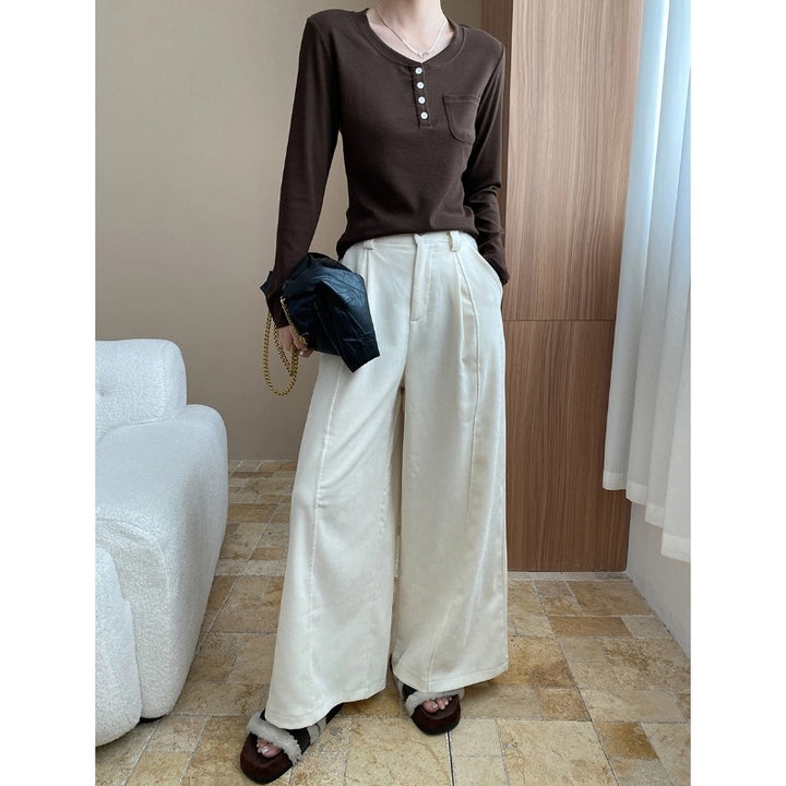 Damen elegante weit geschnittene Hose mit hoch tailliertem Bund und praktischen Taschen Drune