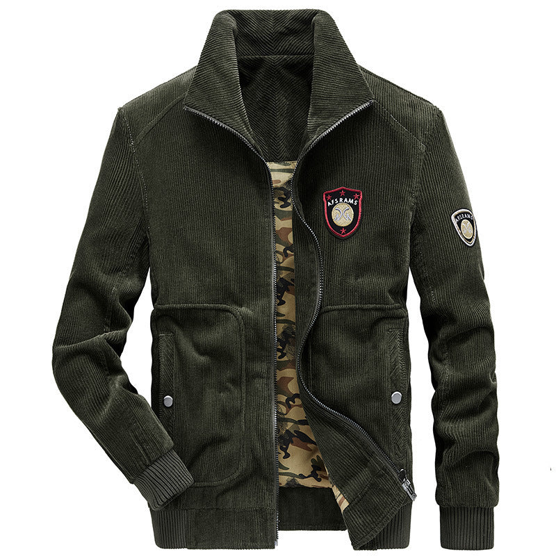 Herren Kordjacke mit Reißverschluss, Stehkragen und Camouflage-Futter Drune