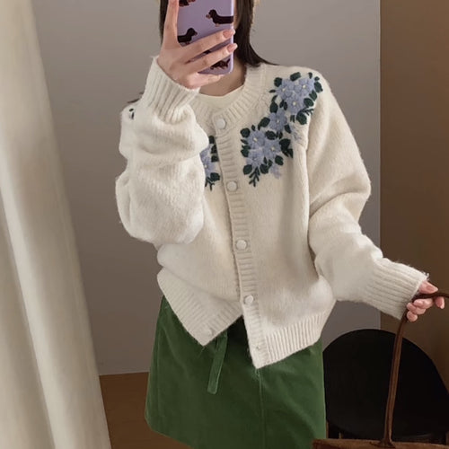 Damen Eleganter Strickpullover mit Blumenmuster Drune