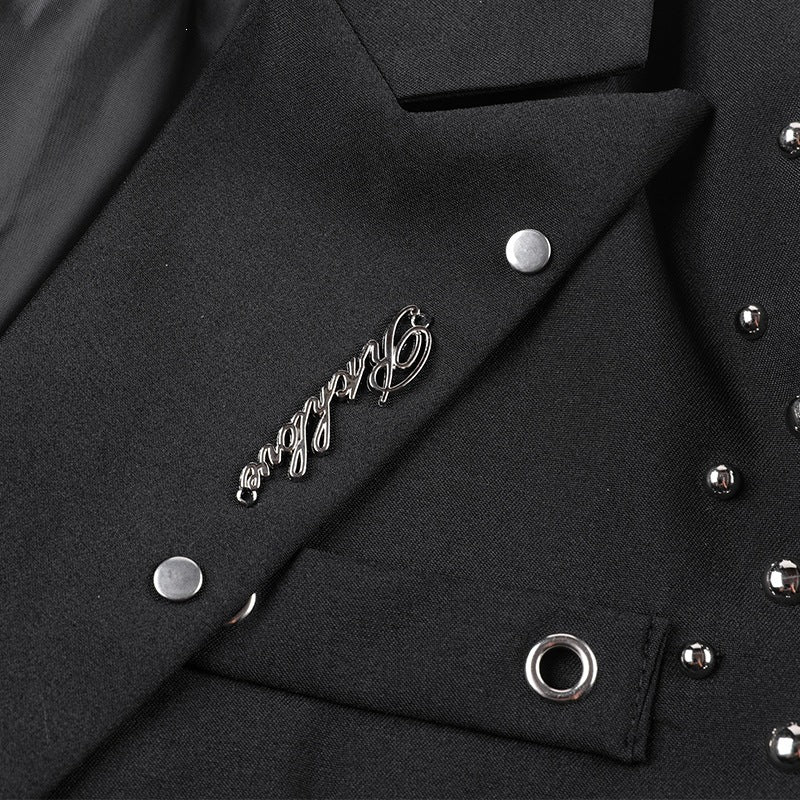 Herren Kurzblazer-Jacke im Rockigen Biker‑Look mit Nietenbesatz, Doppelreiher & Ärmel-Schnallen Drune