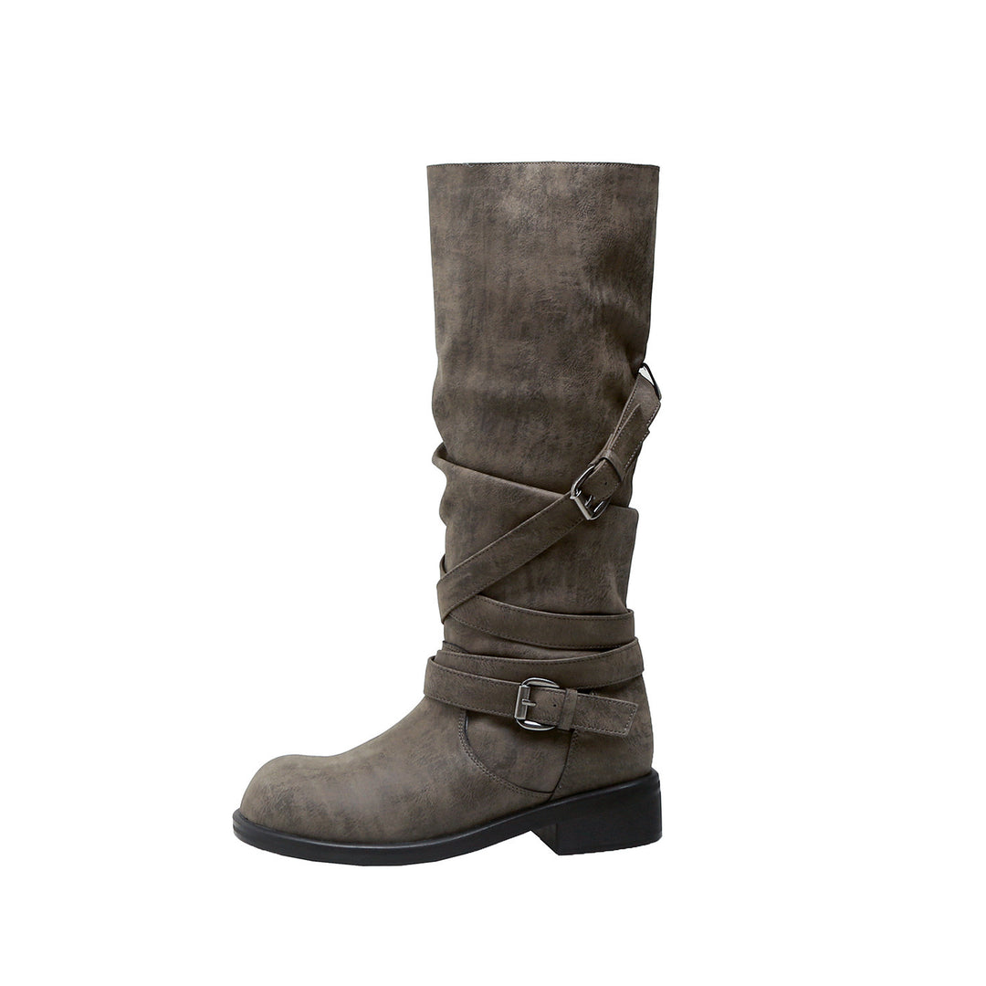 Damen Wadenhohe Bikerstiefel mit Wickelriemen und verstellbaren Schnallen Drune