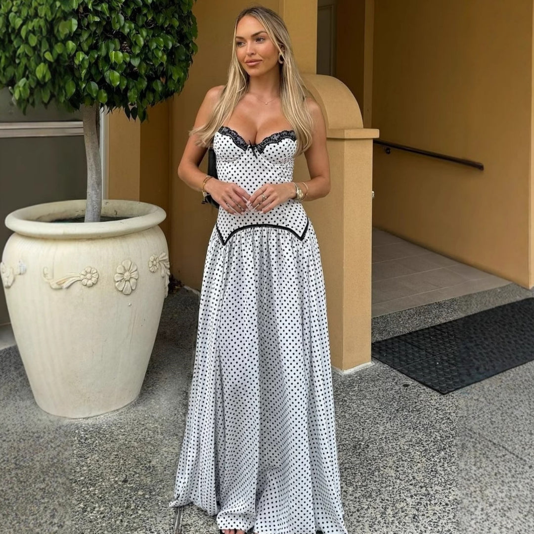 Damen Maxikleid mit gepunktetem Design und Spitzendetails Drune