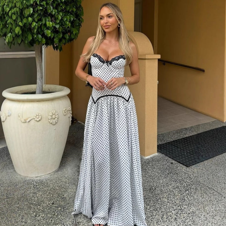 Damen Maxikleid mit gepunktetem Design und Spitzendetails Drune
