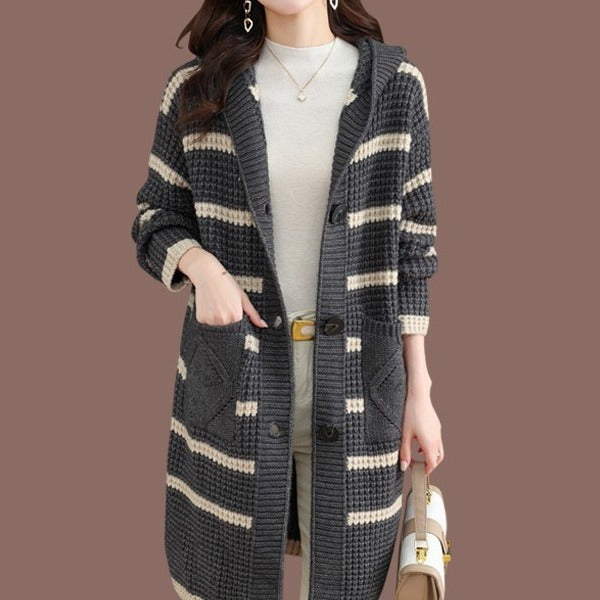 Damen lange Strickjacke mit Kapuze und gestreiftem Muster Drune