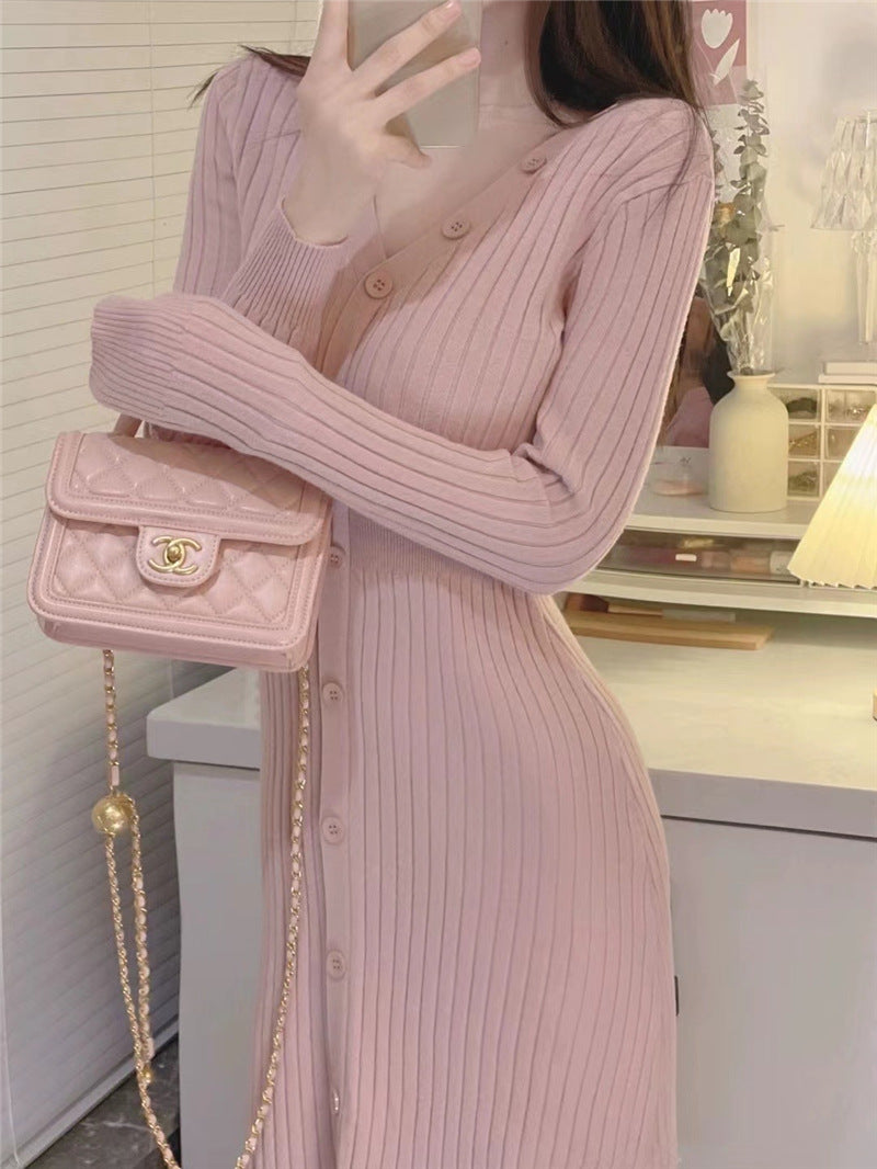 Damen lässiges Midi-Kleid aus feinem Rippstrick mit Knopfleiste Drune
