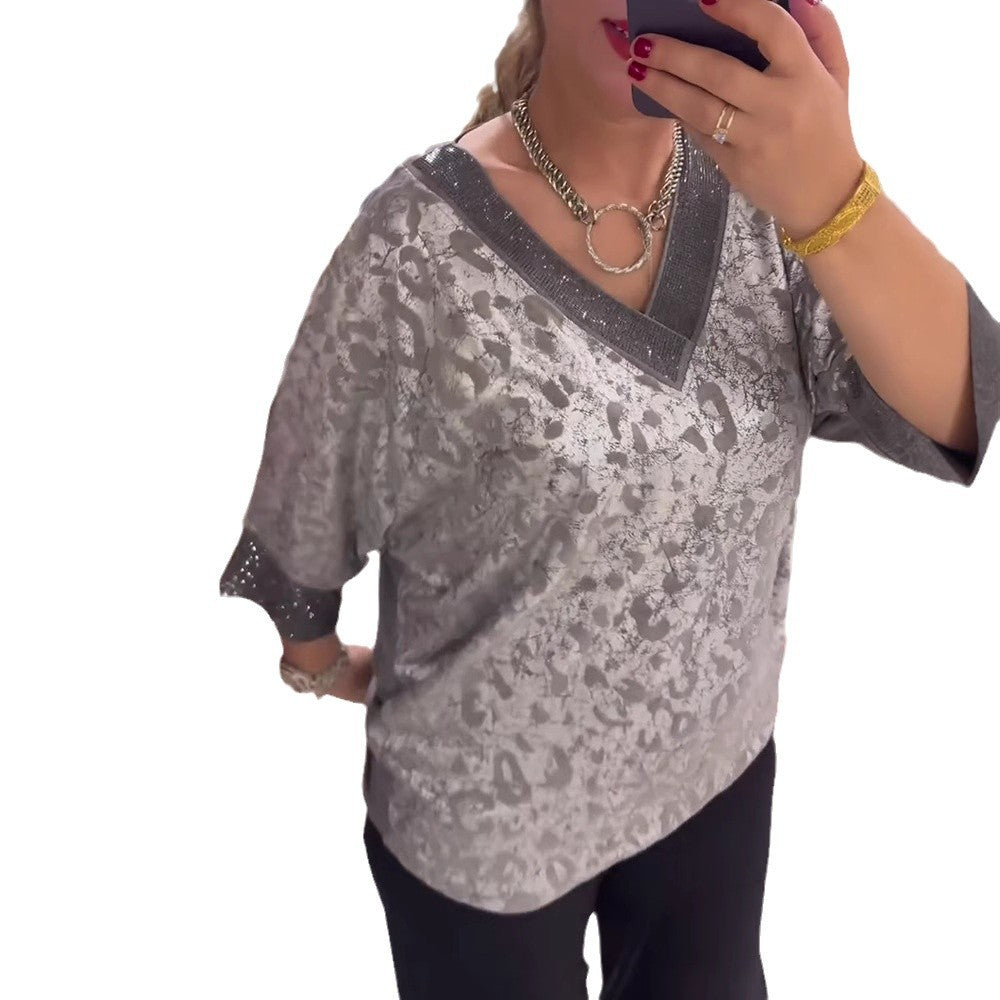 Damen nan schimmerndes Jacquard-Blusenshirt mit V-Passe in Schmuckoptik und dreiviertelärmeln Drune