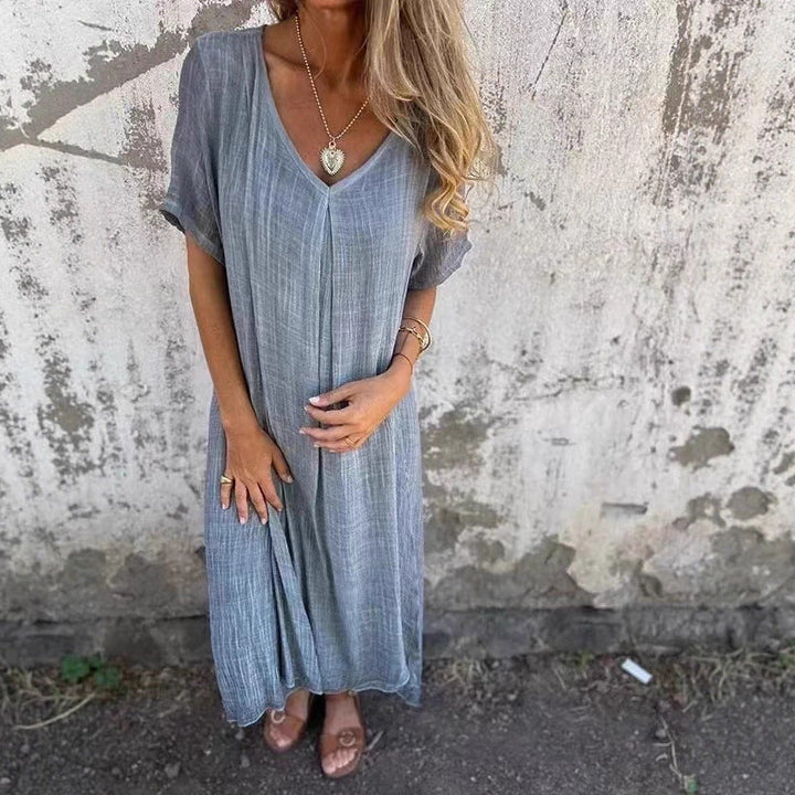 Damen lässiges Maxikleid aus leichtem Stoff mit V-Ausschnitt und kurzem Arm Drune