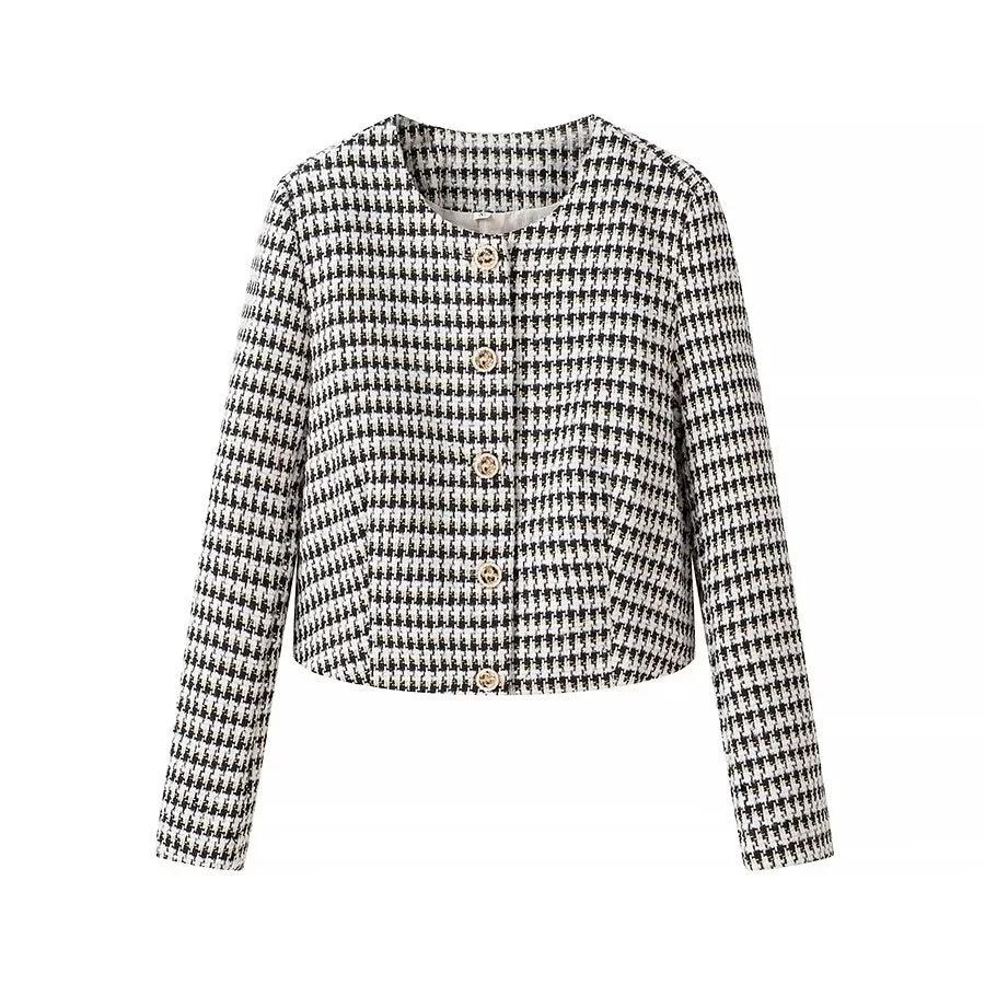 Damen nan kurzer Bouclé-Blazer im Cropped‑Stil mit Hahnentrittmuster, Rundhalsausschnitt und Zierknöpfen Drune