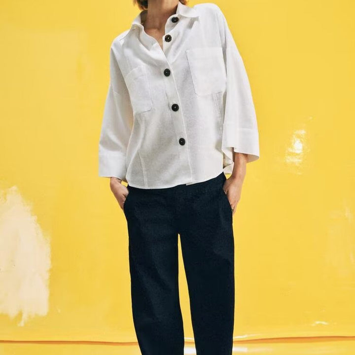 Damen Cropped Oversize‑Hemdjacke mit Kimonoärmeln und Dekoknöpfen Drune