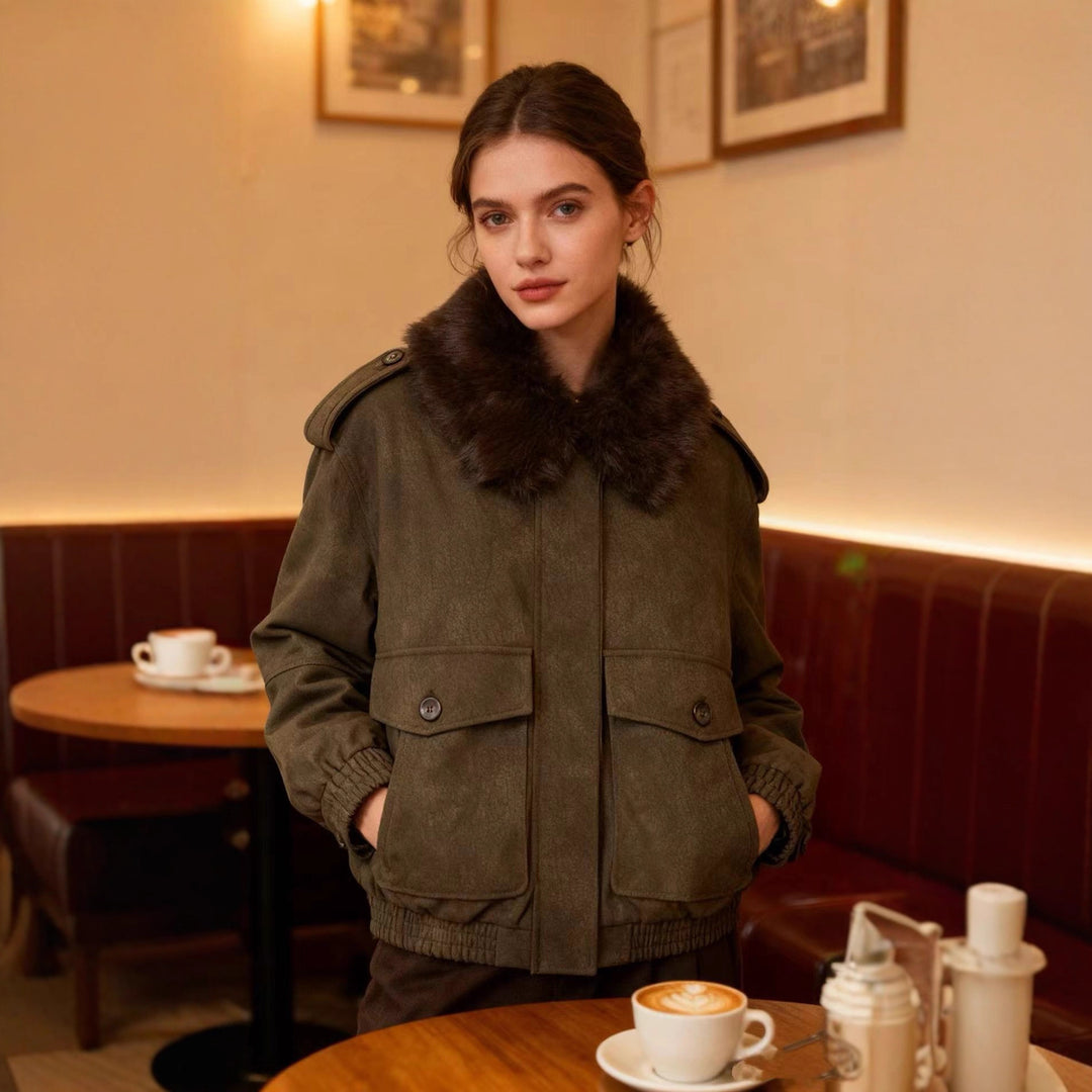 Damen Kurzjacke in Velourslederoptik mit abnehmbarem Fellkragen und Pattentaschen Drune