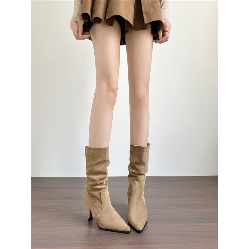 Damen Mid‑Calf Raffung‑Stiefelette mit spitzer Zehenpartie und geformtem Stiletto Drune