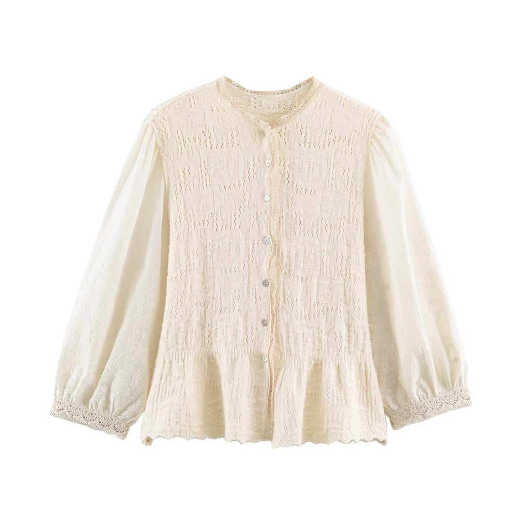 Damen Feinstrick-Cardigan im Blusenstil mit bestickten Puffärmeln und Volantbund Drune