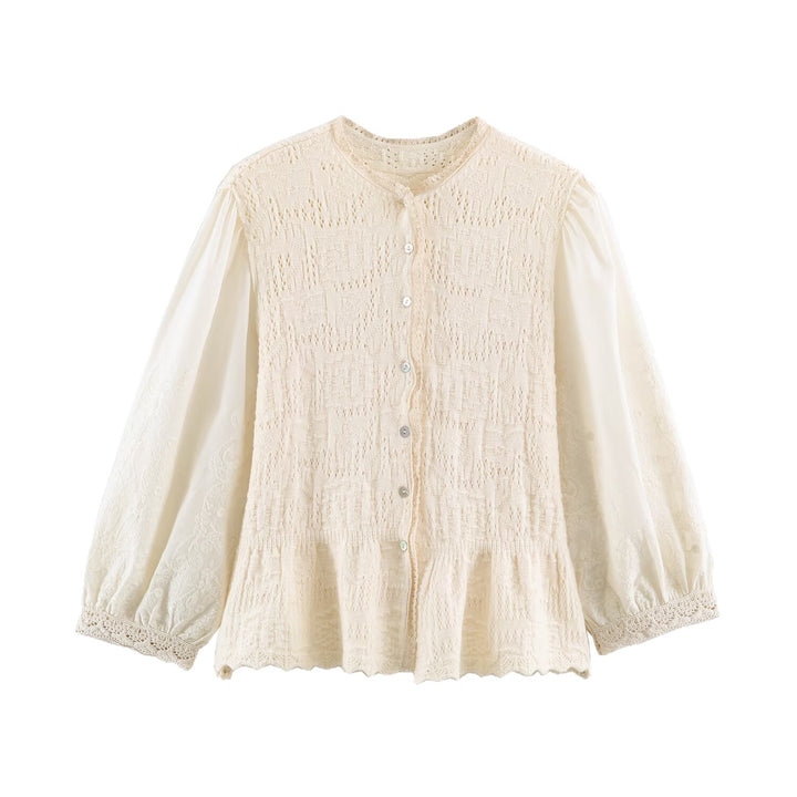 Damen Feinstrick-Cardigan im Blusenstil mit bestickten Puffärmeln und Volantbund Drune