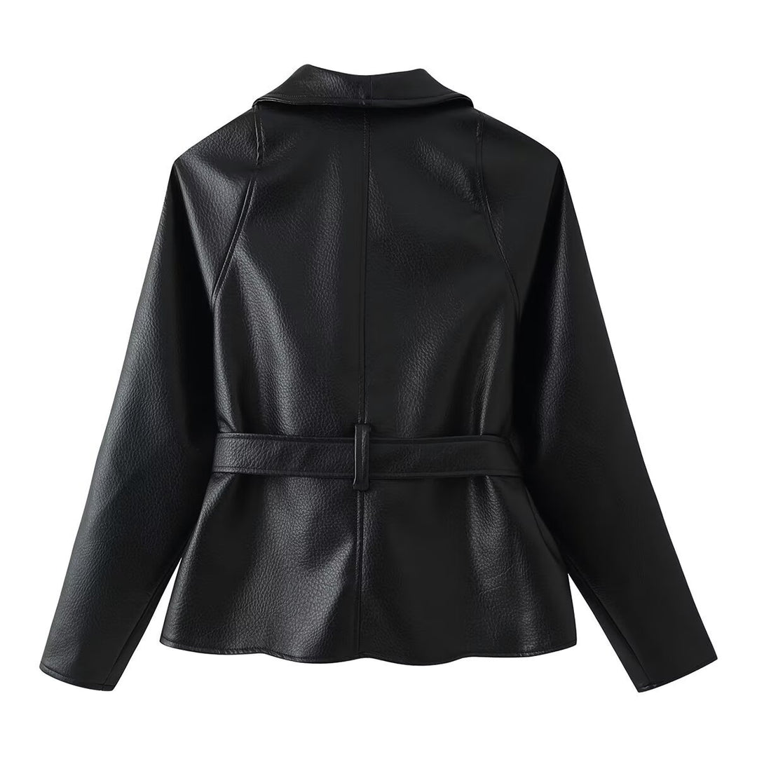 Damen Taillierte Kunstleder-Jacke mit Schalkragen und Bindegürtel Drune