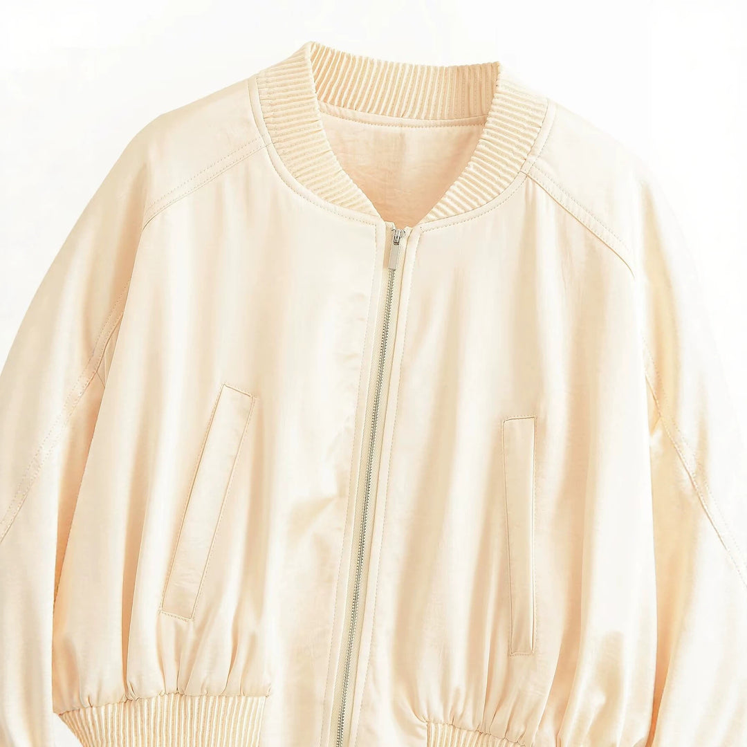 Damen kurz geschnittene Bomberjacke aus Satin mit elastischen Bündchen Drune