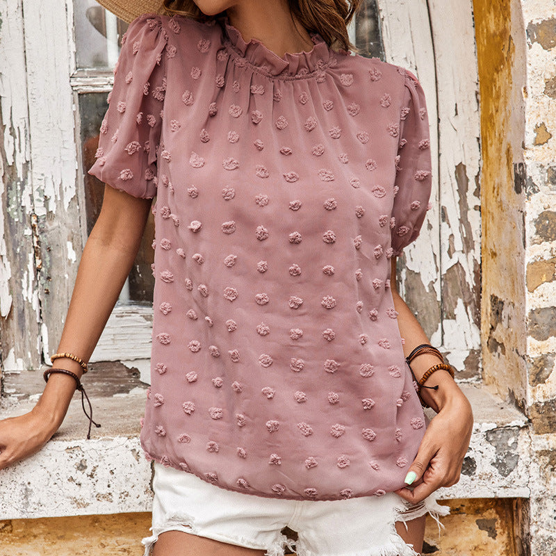 Damen Chiffonbluse mit Struktur‑Pompom, gerafftem Stehkragen und Puffärmeln Drune