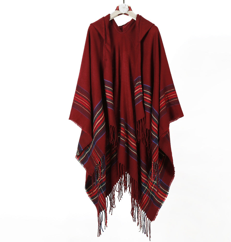 Damen Kapuzen‑Capeponcho im Tartanmuster mit Fransensaum aus weichem Wollmix Drune