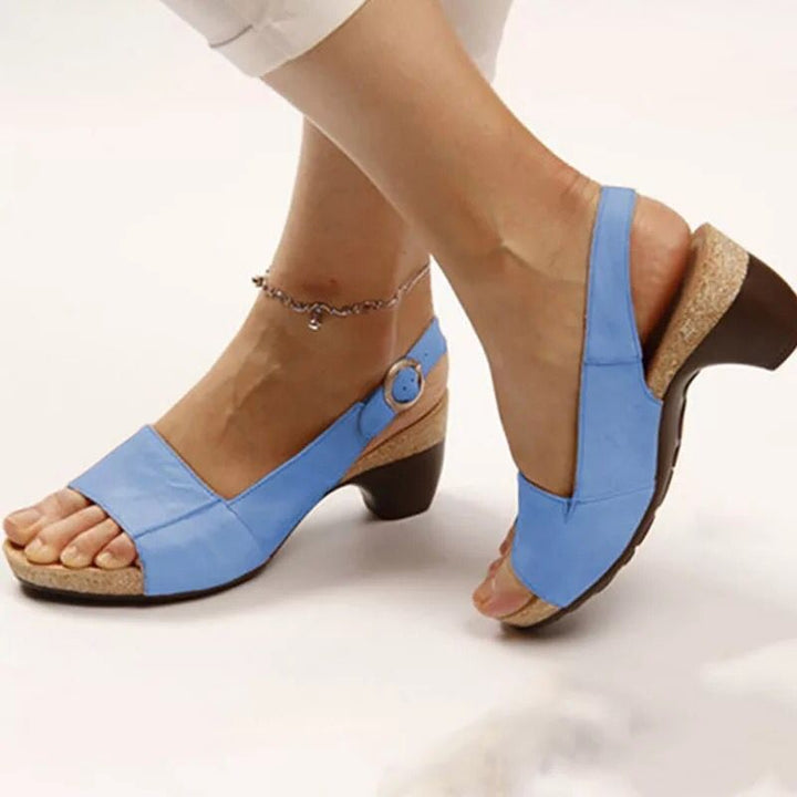 Damen nan Sandalette mit elastischem Fersenriemen ergonomischem Kork-Komfortfußbett und niedrigem geschwungenem Absatz Drune