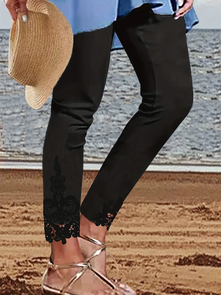 Damen Leggings mit spitzenbesetztem Saum und elastischem Bund Drune
