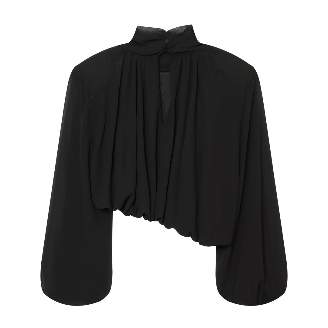 Damen Elegante Cropped Bluse mit hohem Stehkragen, Plissée-Falten und Ballonärmeln Drune
